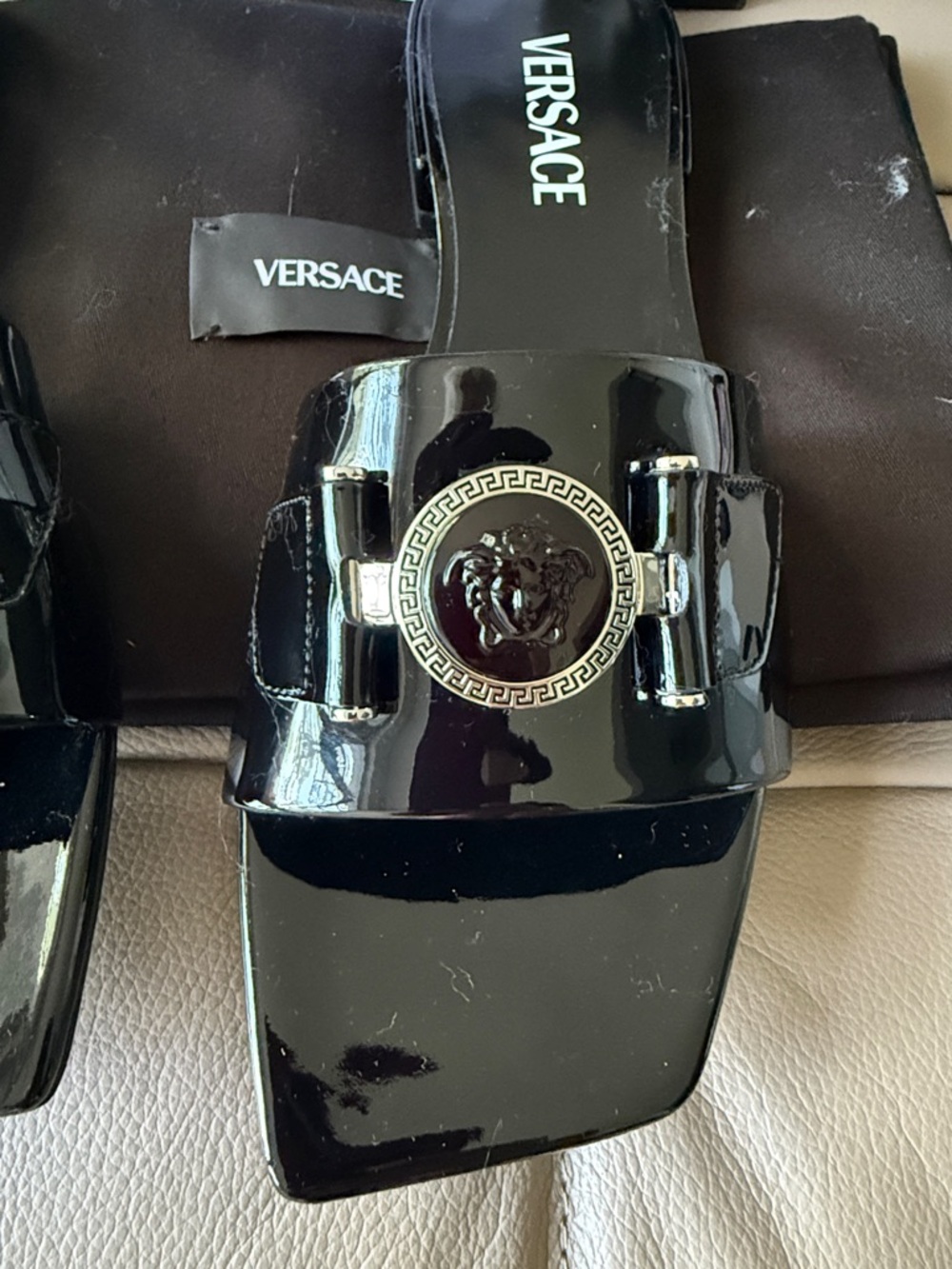 Versace Black Patent Square-Toe Slide Mules with Medusa Coin Size 40 (9) - Picture 9 of 9